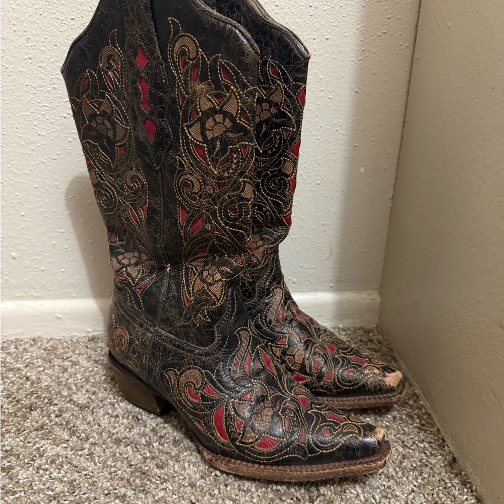 Embroidered Black and Red Heeled Boots